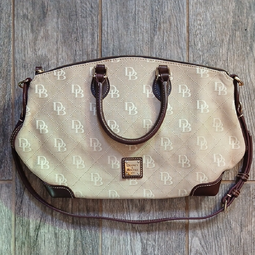 Dooney & Bourke Cream and Brown Logo Satchel